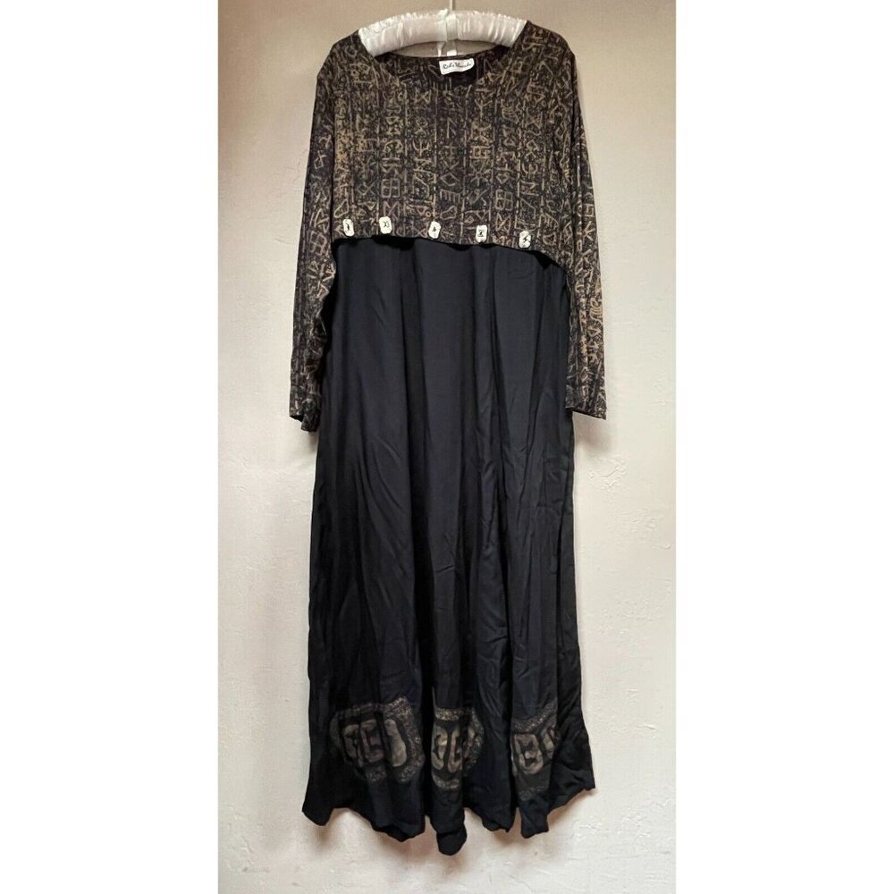 Red's Threads Womens Scoop Neck Black Brown Long Sleeve Maxi Dress Large Rayon